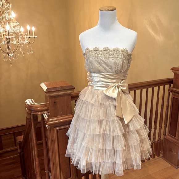 Champagne Gold Dress w/Bow and Tulle Fairiycore Ethereal Romantic Sweet - Picture 1 of 16